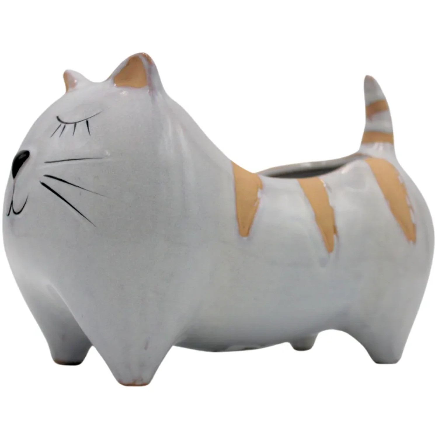 Dekohelden24 Übertopf Pflanztopf Pflanzgefäß Dekoschale aus Keramik Katze in Hellgrau Maße L/B/H ca 21 x 12 x 14 cm