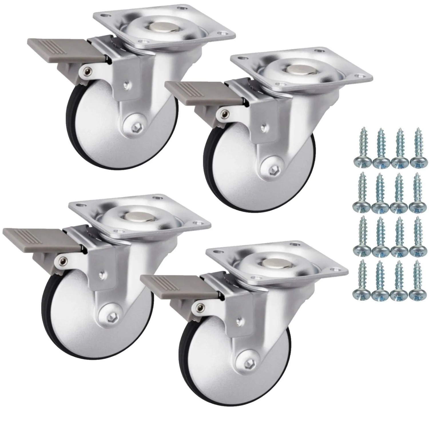 SOTECH 4 Stück Möbelrolle LINDAU Ø50 mm Silbergrau Schwarz mit Bremse inkl. Schraubenset