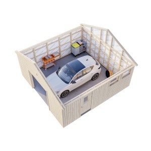 Palmako Garage Andre Bausatz, 28,5 m², unbehandelt, mit Auto, Werkzeugwagen und Regalen.