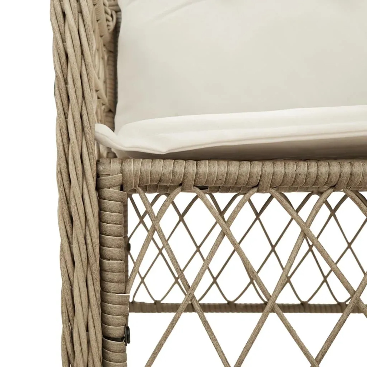 Detailansicht eines beigen Poly Rattan Gartenstuhls mit cremefarbenem Kissen der vidaXL Essgruppe.
