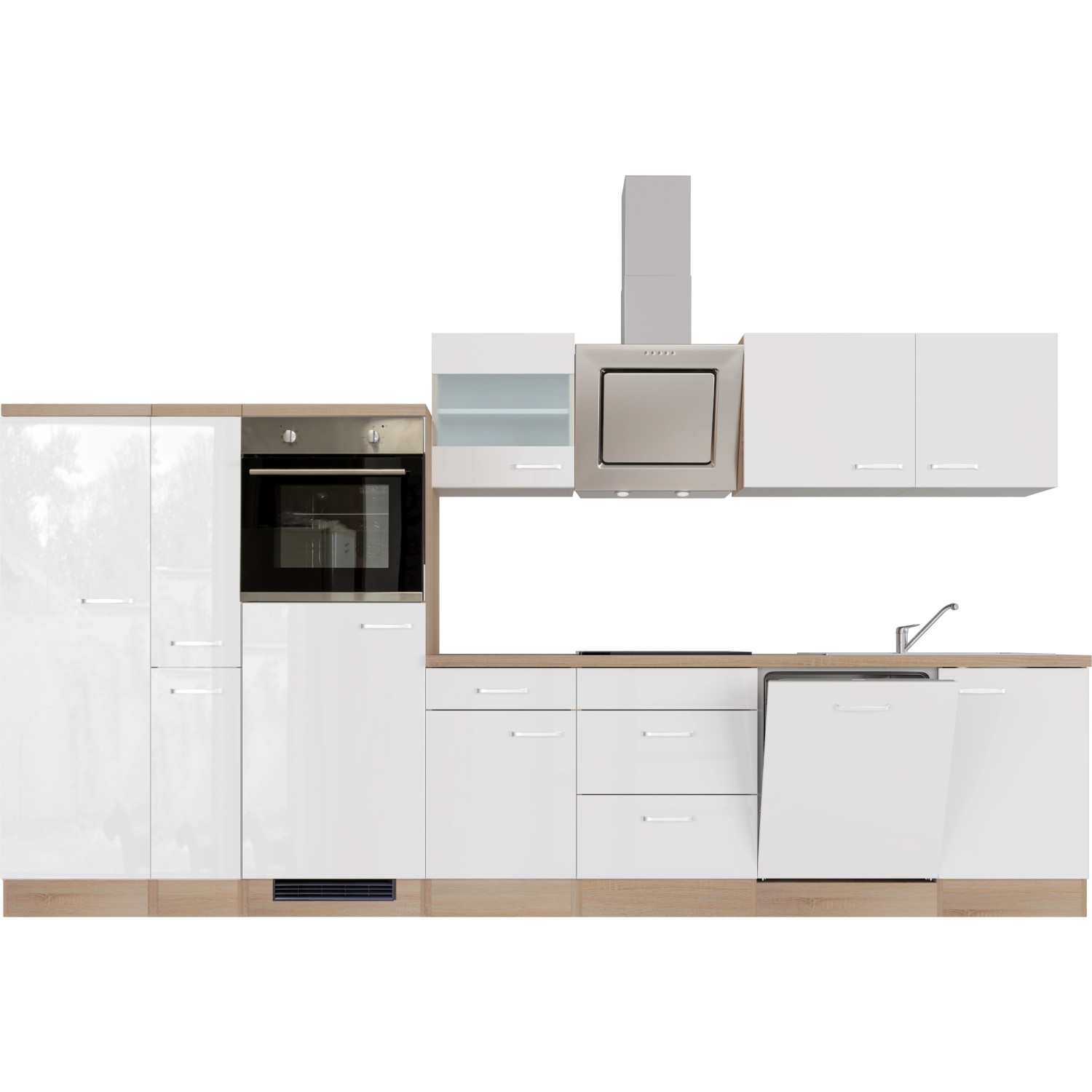 Moderne Küchenzeile Valero, 360 cm, in Hochglanz Weiß und Sonoma Eiche Optik mit E-Geräten.