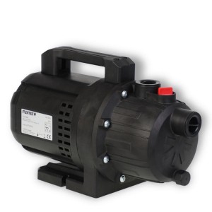 Schwarze FUXTEC elektrische Gartenpumpe FX-GP2800 mit Tragegriff und rotem Schalter. Ideal für Bewässerung und Hauswasserwerke.