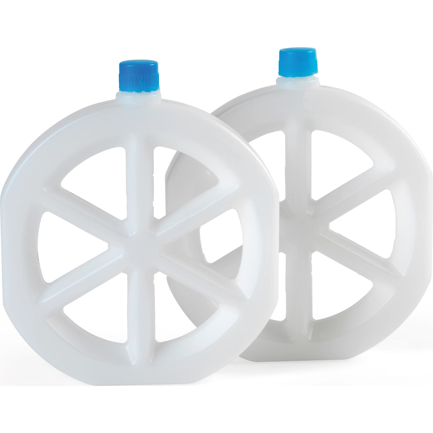 Zwei weiße Beldray Eisringe für Artic Dome Ventilatoren mit blauen Deckeln.