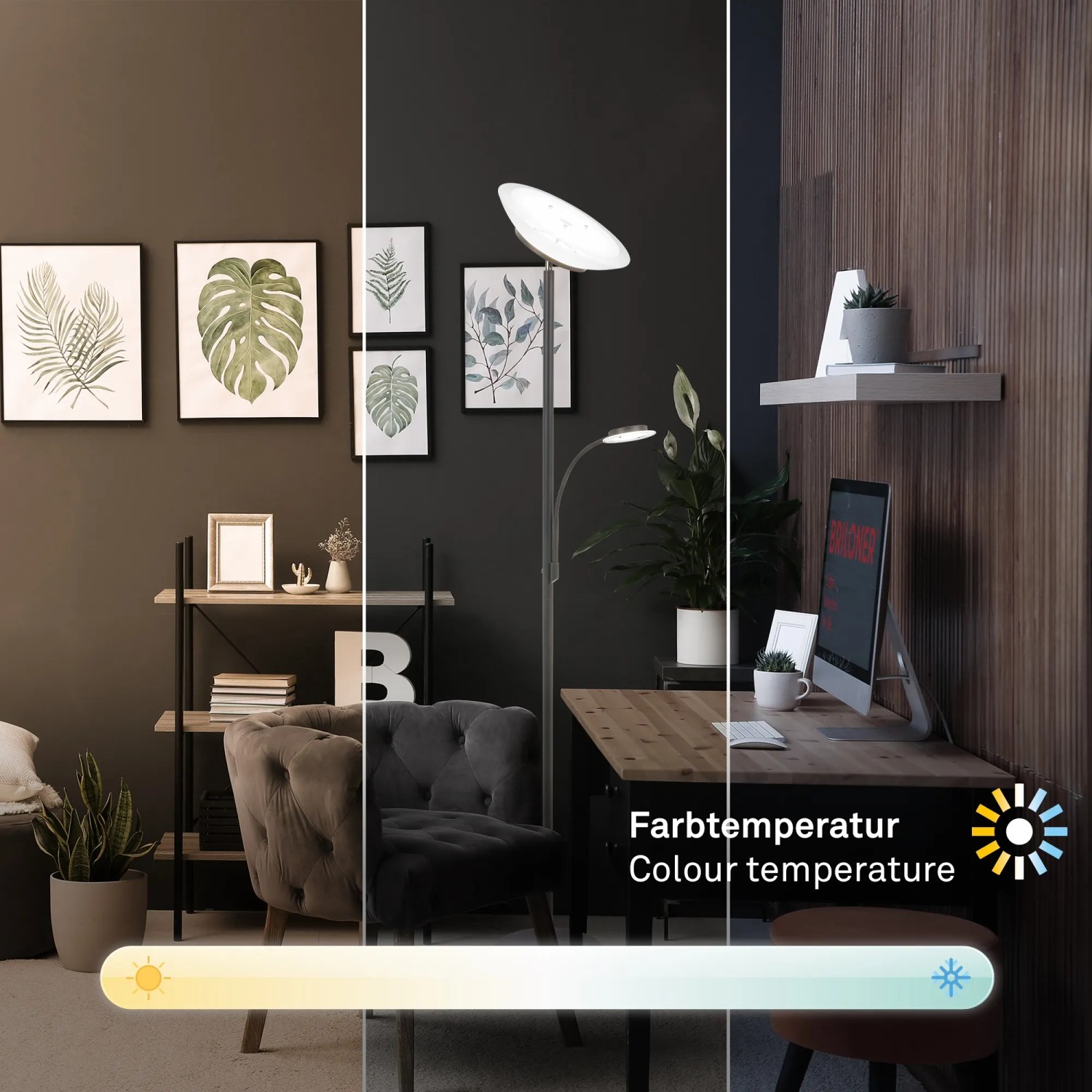 Dimmbare Brilo Stehleuchte Plava, anthrazit, mit schwenkbarem Lesearm und CCT-Funktion zur Farbtemperatursteuerung.