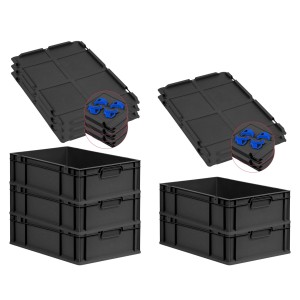PROREGAL SuperSparSet: 5 schwarze Euroboxen mit Deckel und blauen Verschlüssen, 34 Liter.