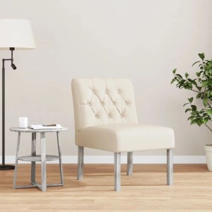 Eleganter Loungesessel ohne Armlehne, Leinen-Stoff, Knopfheftung, helle Holzbeine. Perfekt für Wohnzimmer.