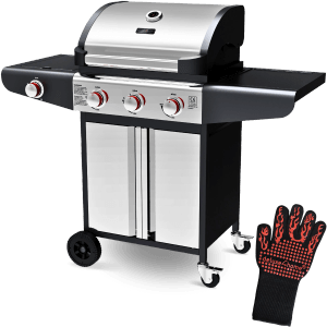 deluxe4home Gasgrillwagen mit 3+1 Brennern, Deckel, Thermometer und Grillhandschuh.