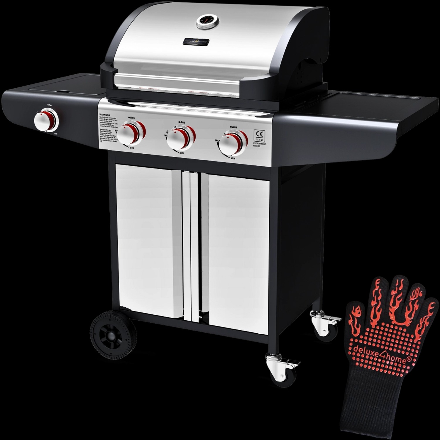 deluxe4home Grillwagen Gasgrill mit Deckel 3 Plus 1 Seitenbrenner Thermomet günstig online kaufen