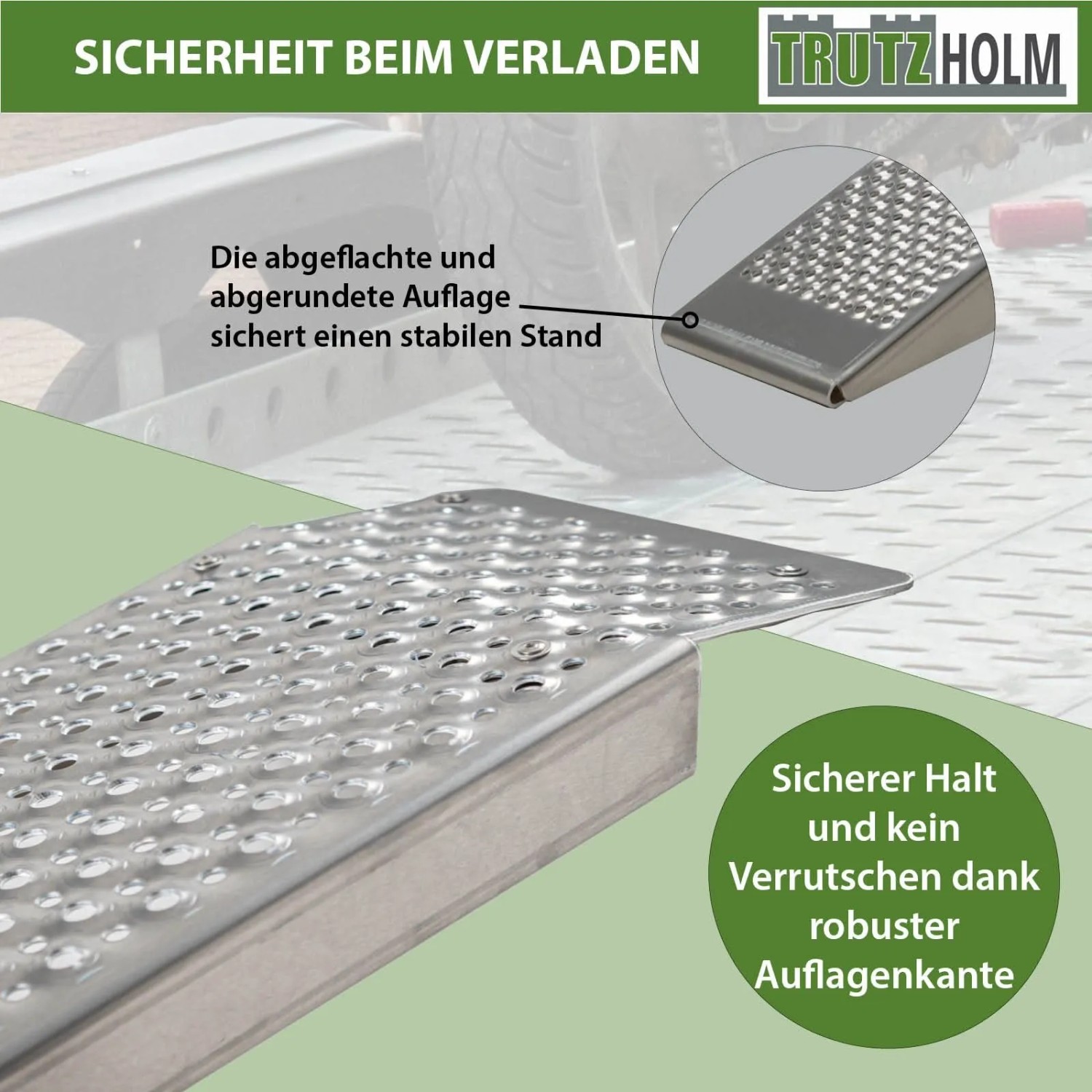 TRUTZHOLM Auffahrrampe: Detailansicht der rutschhemmenden Oberfläche und der stabilen, abgeflachten Auflagekante.