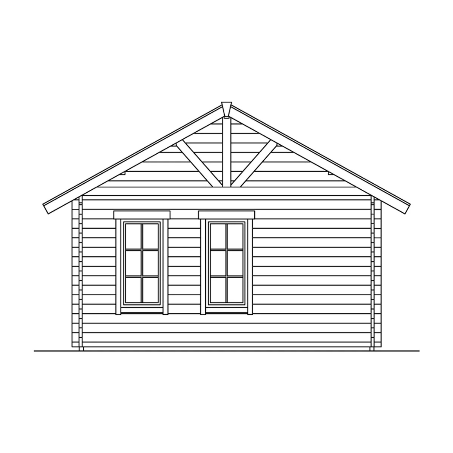 Illustration: Skan Holz Gartenhaus Bern, 420x420 cm, mit zwei Fenstern und Dachlattung.