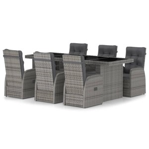 7-teilige Garten-Essgruppe aus grauem Rattan mit Tisch, 6 Stühlen und Kissen.