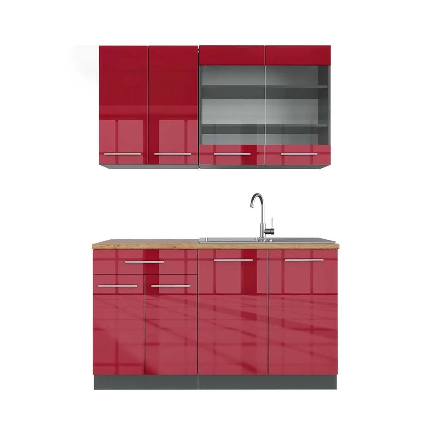 Vicco Fame-Line Singleküche Bordeaux Hochglanz Anthrazit 140 cm AP Eiche ohne E-Geräte