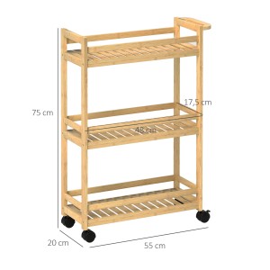 HOMCOM Rollwagen aus Bambus, 3 Ablagen, Naturholz, mit Rollen, 55x20x75cm. Bürocontainer für mehr Stauraum.