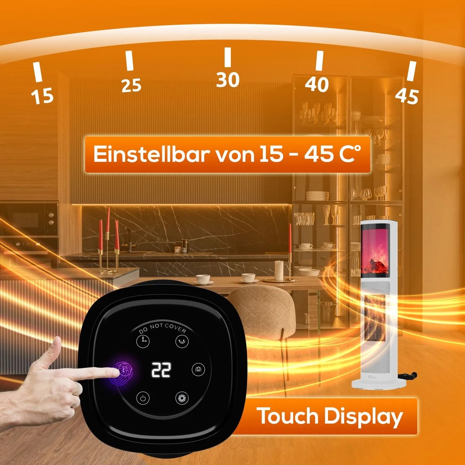 TroniTechnik Turmheizer mit Flammeneffekt, Touch-Display und Oszillation in Weiß.