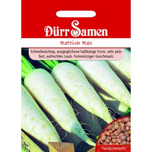 Dürr Samen Rettich Rex: Saatgut-Packung mit weißen Rettichen und Saatgut-Ansicht.