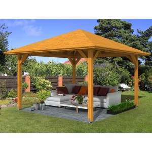 Skan Holz Pavillon Cannes 2, eiche hell lasiert, 359x359 cm. Gartenlaube mit Holzkonstruktion im Garten.