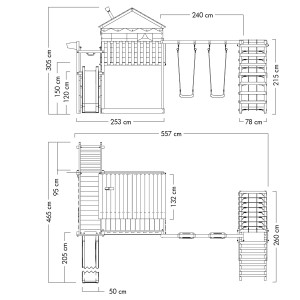 Skizze des Wickey Spielturm Disney Saga mit Rutsche und Schaukel, Maße in cm.
