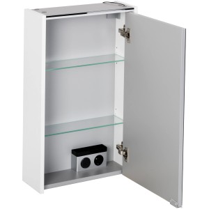 Offener Fackelmann Spiegelschrank Denver, weiß, 42 cm breit, mit zwei Glasböden und Softclose-Türen.