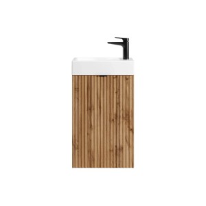 Hängender Vente-unique Waschbeckenunterschrank Vahira 40 cm, helles Holz mit Rillen, weißes Becken, schwarzer Hahn.