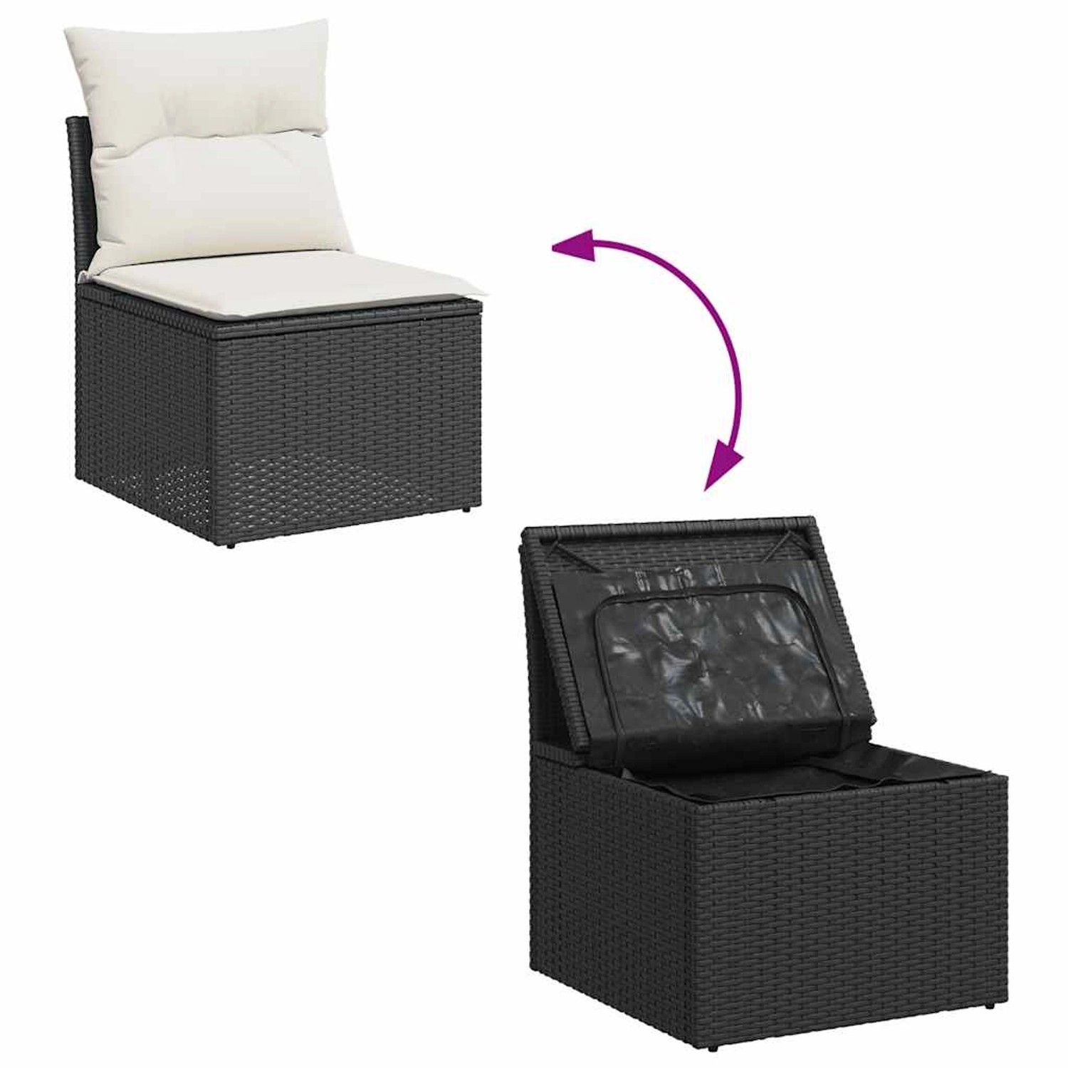 vidaXL Garten-Sofagarnitur, 8-tlg., schwarz, Poly Rattan, mit Stauraum und Kissen.