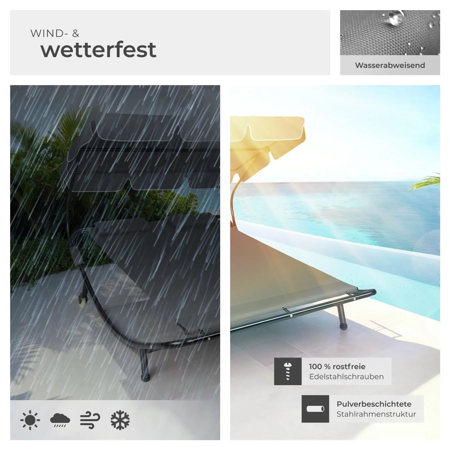 Tectake Gartenliege Livorno: Wetterfestes Design unter Regen, wasserabweisend am Pool. Robustes Metallgestell für 2 Personen.