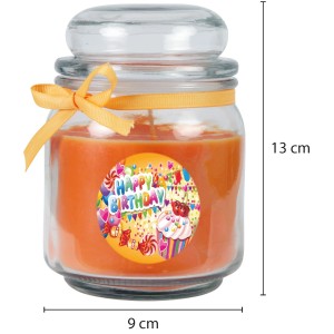 HS Candle Duftkerze im Glas mit Geburtstagsmotiv, Duft Honigmelone Orange.