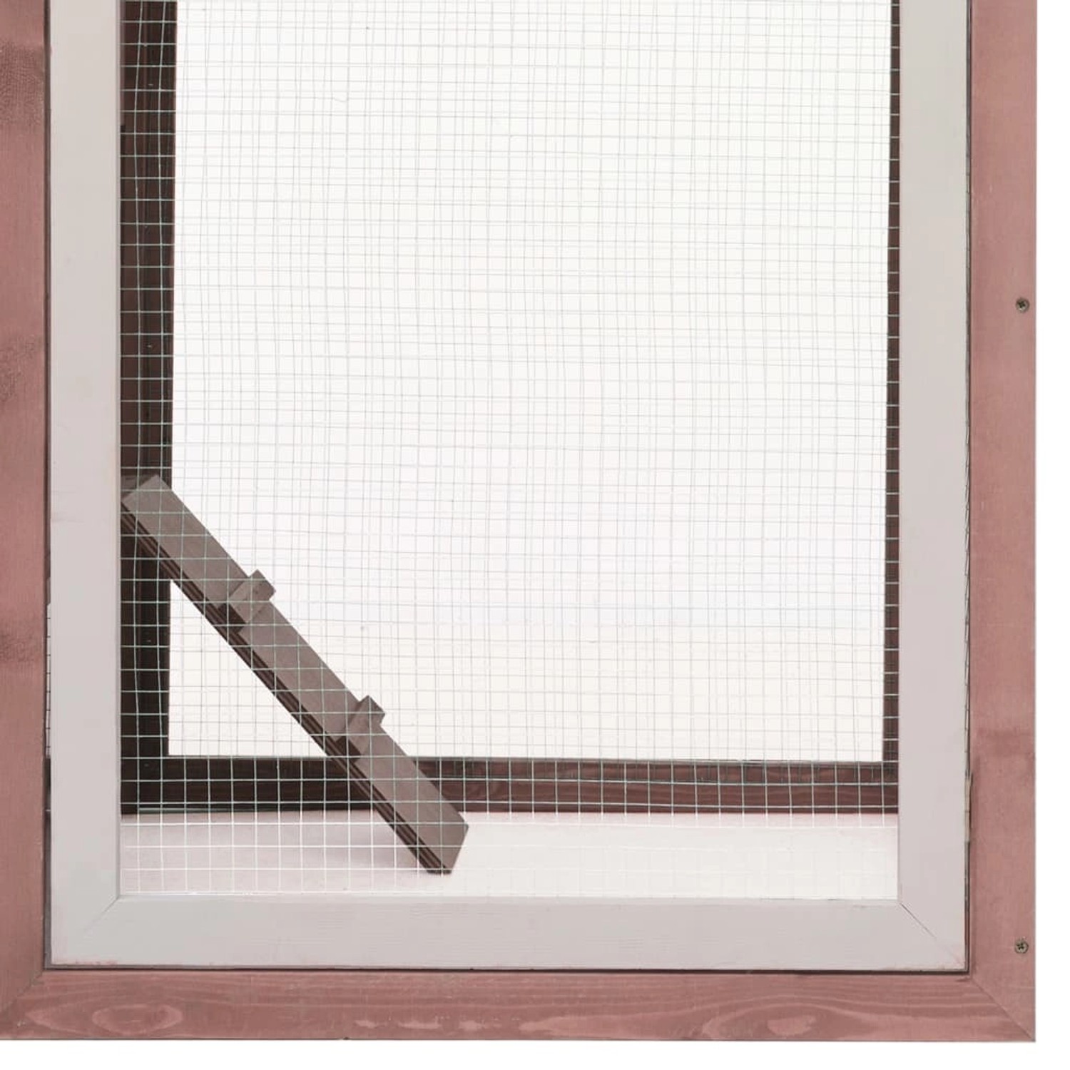 Detailansicht Hühnerkäfig Mokka: Holzrahmen, Drahtgitter, Verschlussriegel.