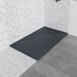 Bad Land Duschwanne VIDAR 80x100 mit Walk-In Dusche KETIL, schwarze Duschwanne in Steinoptik mit Glaswand.