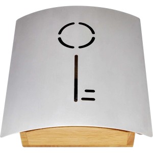 CMI Schlüsselkasten mit Edelstahl-Tür und Schlüsselmotiv, Holzkörper. Garderobenhaken für Schlüssel.