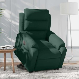 Dunkelgrüner Relaxsessel aus Samt mit elektrischer Aufstehhilfe und Liegefunktion in einem Wohnzimmer.