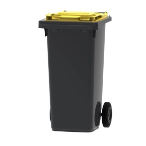 Graue PROREGAL Mülltonne 120L mit gelbem Deckel und Rädern.