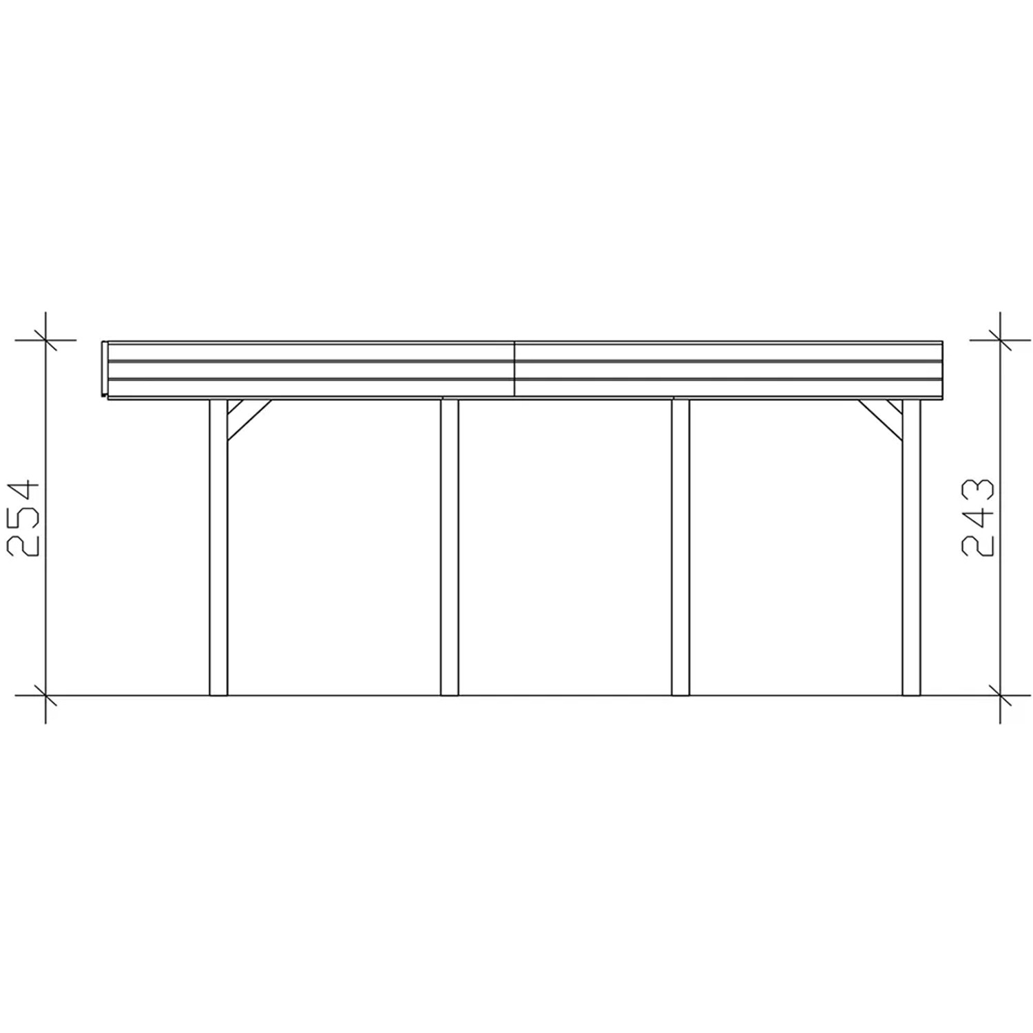 Technische Zeichnung: Carport Friesland Schiefergrau mit Aluminiumdach, Maße und Pfostenanordnung.