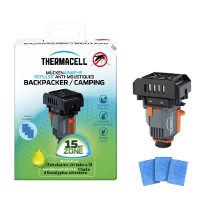 Thermacell Mückenabwehr Backpacker Gerät mit 3 Wirkstoffplättchen und Verpackung.