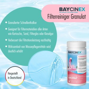 Baycinex Filterreiniger Granulat 1kg für Pool Filter: Schnellentkalker für sauberes Poolwasser.