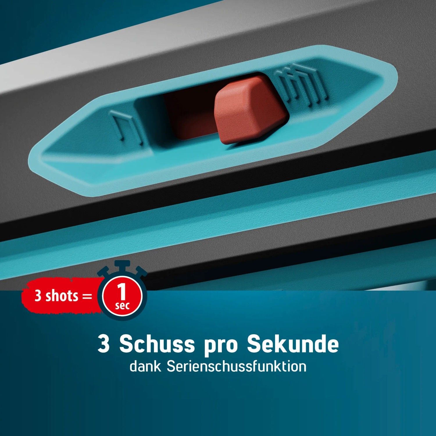 Detailaufnahme des Novus Akkutackers J-551: Serienschussfunktion mit bis zu 3 Schuss pro Sekunde.