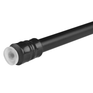 Detailaufnahme: Schwarze Bestlivings Klemmstange mit Schraubtechnik und transparentem Gummipuffer.