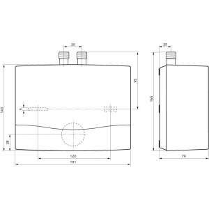 Technische Zeichnung Vaillant miniVED H 3/3 N Kleindurchlauferhitzer mit Maßangaben.