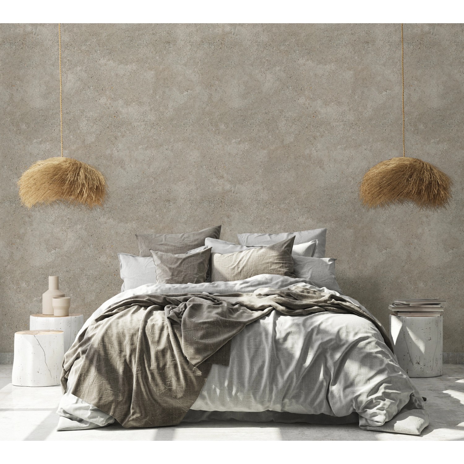 Grosfillex Wandpaneel Element 3D Optik Grigo Matt im Schlafzimmer mit Bett und Lampen.