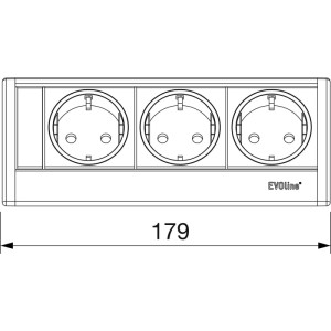 Technische Zeichnung: Evoline R-Dock 3-fach Steckdose, schwarz, mit 3 Stromanschlüssen. Elektroinstallationsmaterial, 179 mm lang.
