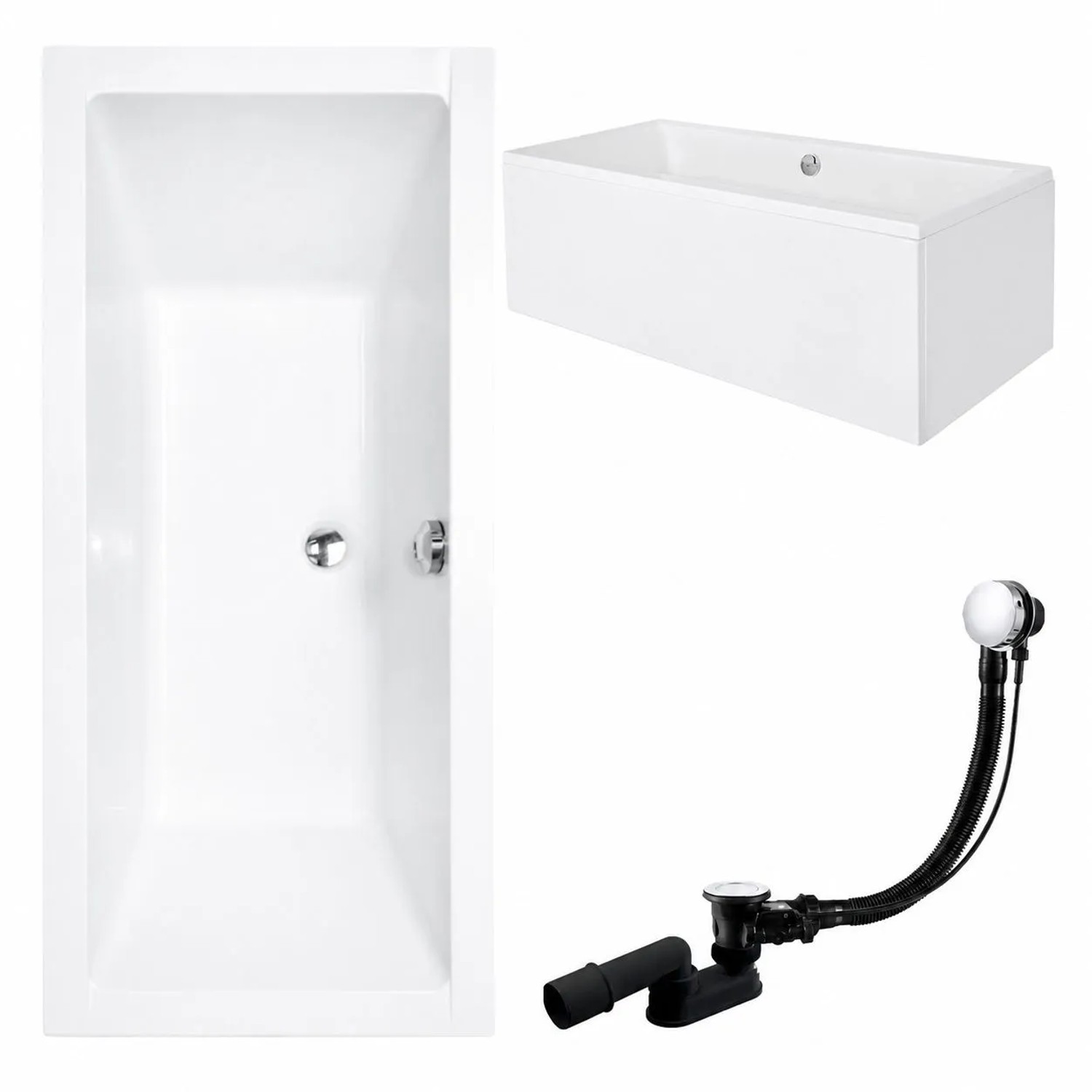 KOLMAN Badewanne Rechteck 175 x 80 Cm Mit Acrylschürze Mit Bambus Badewannenablage Mit Kopfstütze KODI Inkl. Ablauf Und Füße