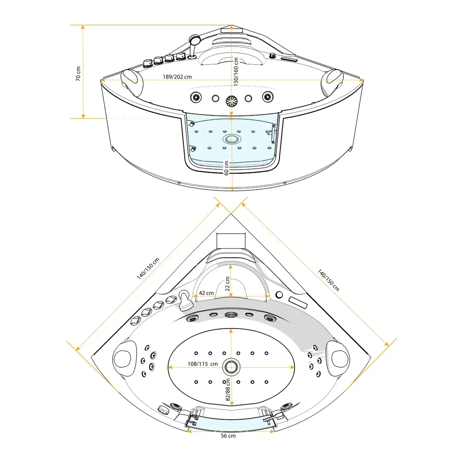 Skizze einer AcquaVapore Eck-Badewanne W60-SC 140x140 mit Tür, Maße und Details.