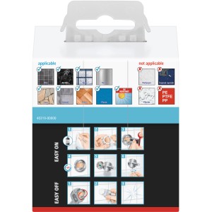 Verpackung Tesa Haken Smooz, Montageanleitung für Handtuchhalter, Edelstahl verchromt.