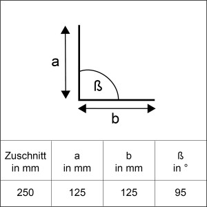 Skizze Winkelblech Alu Natur, Zuschnitt 250x2000mm, Maße a, b und Winkel β.