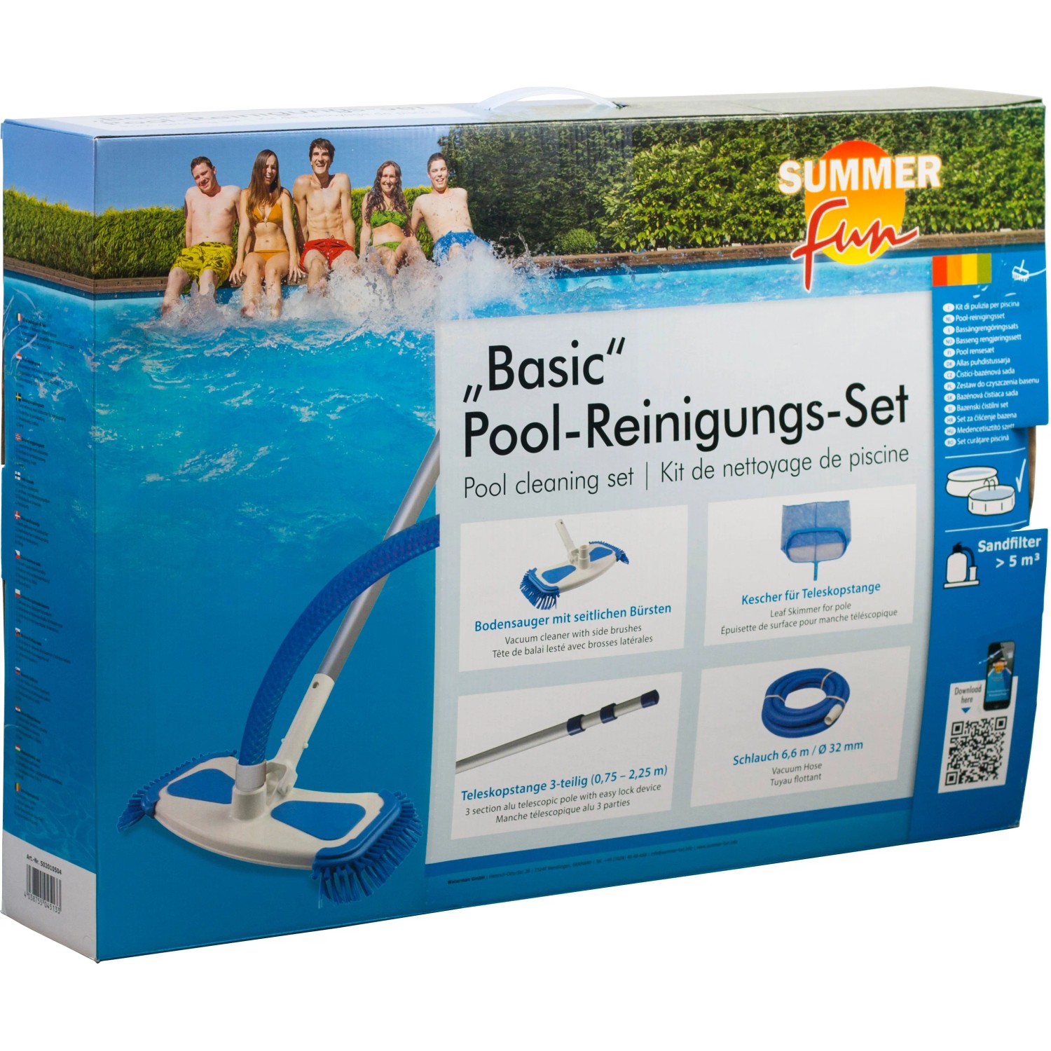 Summerfun Basic Pool Reinigungsset für Sandfilteranlagen, bestehend aus Bürste, Kescher, Stange und Schlauch.
