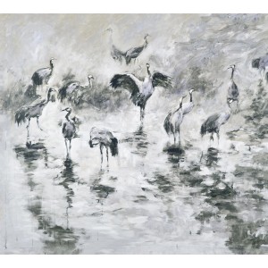 Graue Erismann Fototapete mit Kranich-Motiv von Guido Maria Kretschmer, 3,0x2,7m.