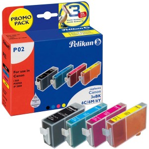 Pelikan Tintenpatronen PromoPack P02 für Canon Drucker, Set mit Schwarz, Cyan, Magenta und Gelb.