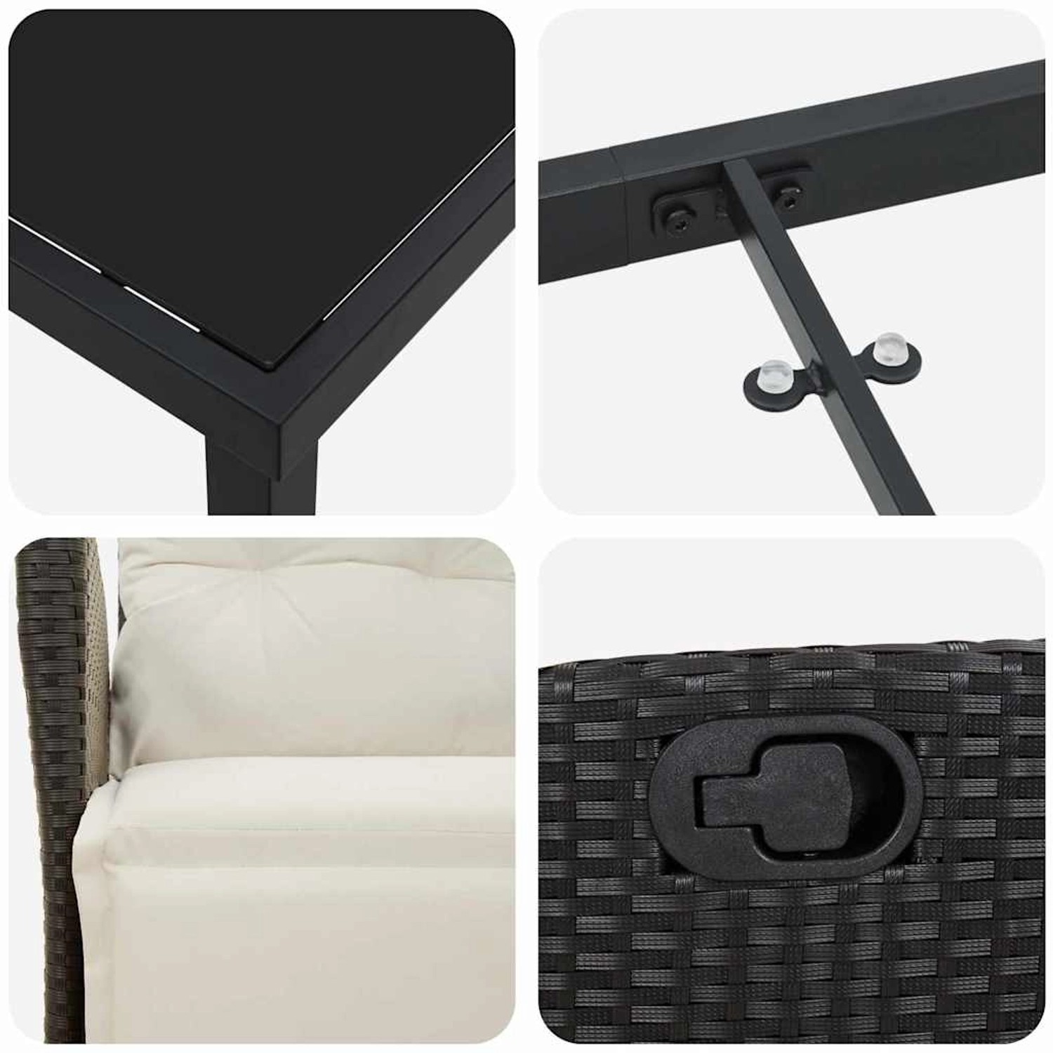 Detailansichten der schwarzen vidaXL Garten Essgruppe, 5-teilig, mit Poly Rattan und Glasplatte.
