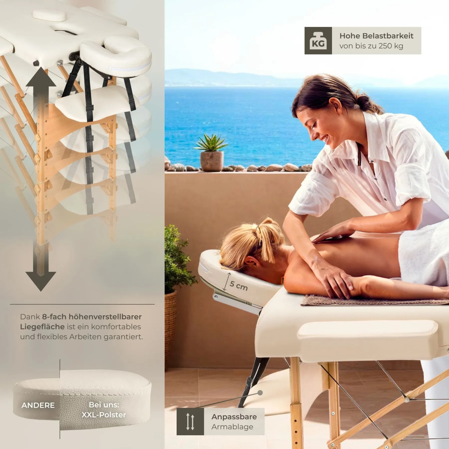 Beige Massageliege Freddi mit Holzgestell und dicker Polsterung in Nutzung.