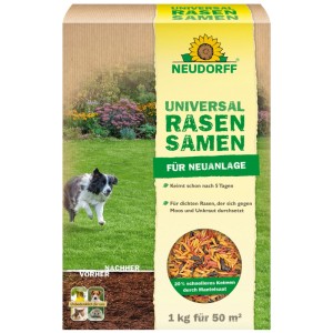 Neudorff Universal-Rasensamen 1 kg. Packung mit bunten Samen, dichtem Rasen und Hund. Ideal für Neuanlage/Nachsaat.