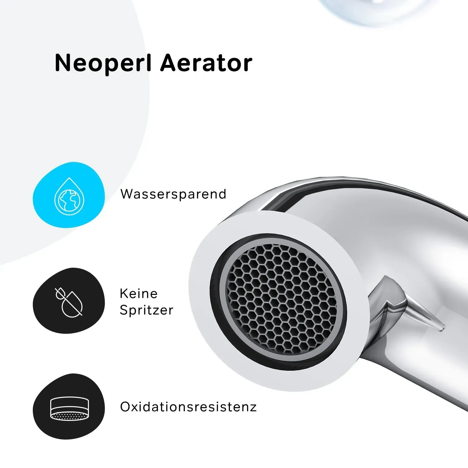 Detailaufnahme der AM.PM Spike Waschtischarmatur: Wassersparender Neoperl Aerator für Badarmaturen.